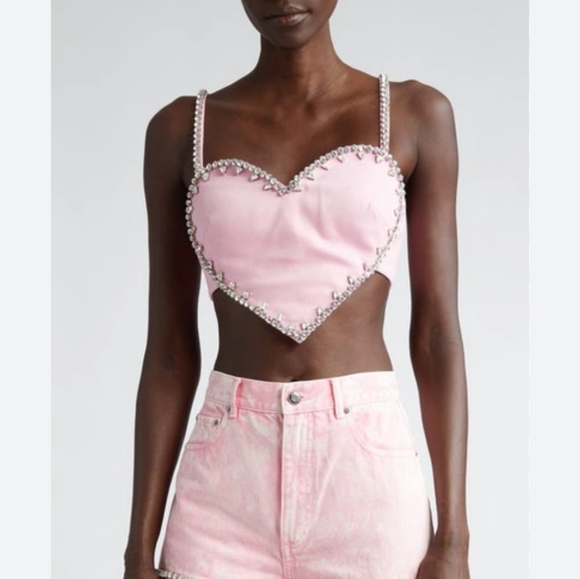 AREA Crystal Trim Heart Crop Top Pink L Org $750